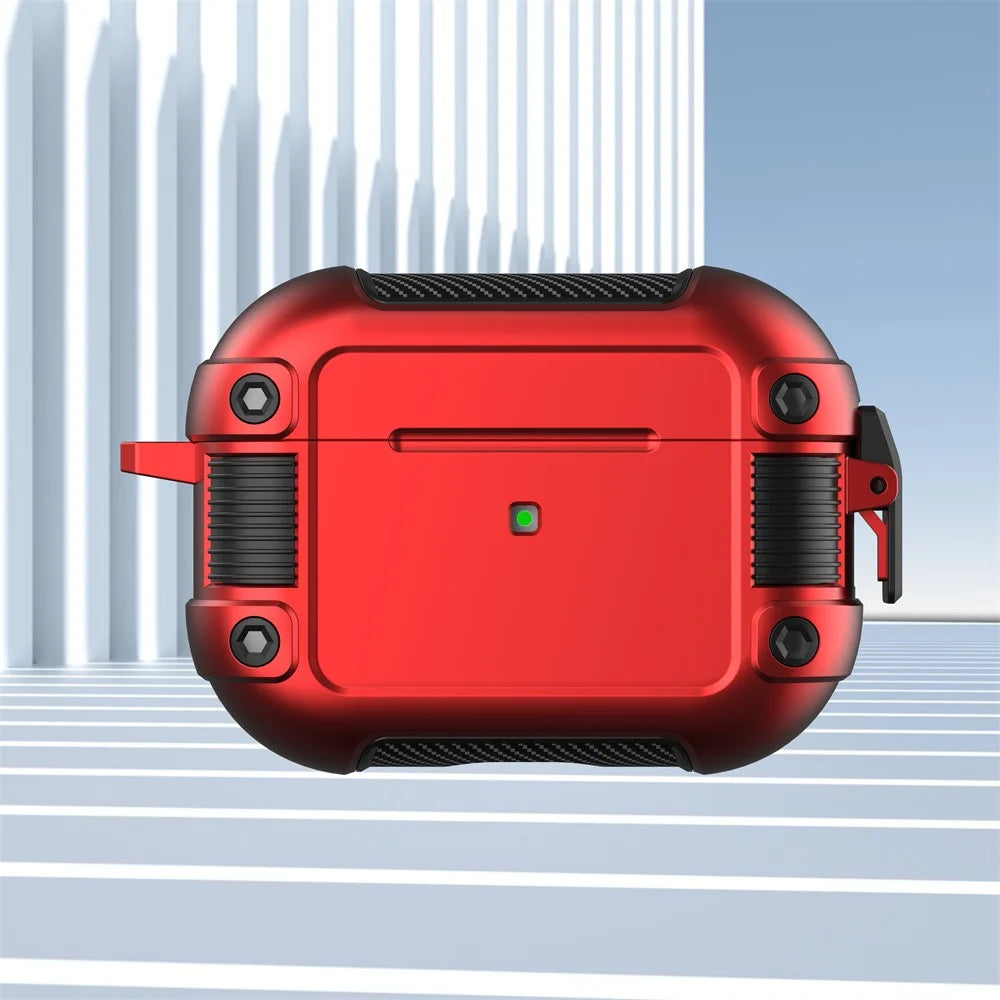 For Apple AirPods Pro Lock Buckle Earphone Case PC + TPU Earbuds Charging Box Protective Cover with Carabiner - Red - 2