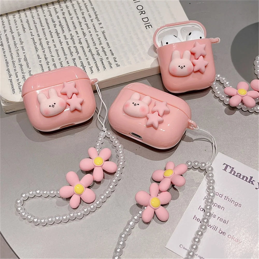 For Apple AirPods 3 Cute Rabbit Stars Soft TPU Earphone Case Protective Cover with Flower Pear Handy Strap - 6