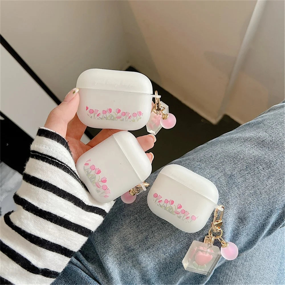 For Apple AirPods Pro Tulip Pattern Soft TPU Shockproof Anti-wear Protective Cover Earphone Case with Tulip Pendant - 2