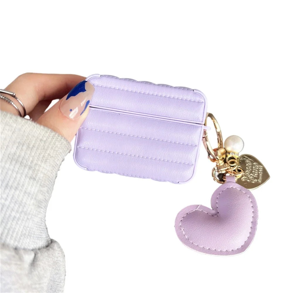 For Apple AirPods 3 Stylish Down Jacket Pattern Earphone Case Leather+TPU Anti-fall Protective Cover with Heart Pendant - Purple - 1