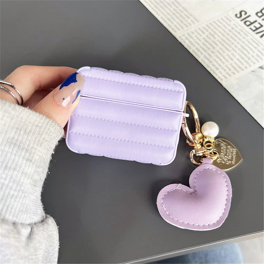 For Apple AirPods 3 Stylish Down Jacket Pattern Earphone Case Leather+TPU Anti-fall Protective Cover with Heart Pendant - Purple - 2