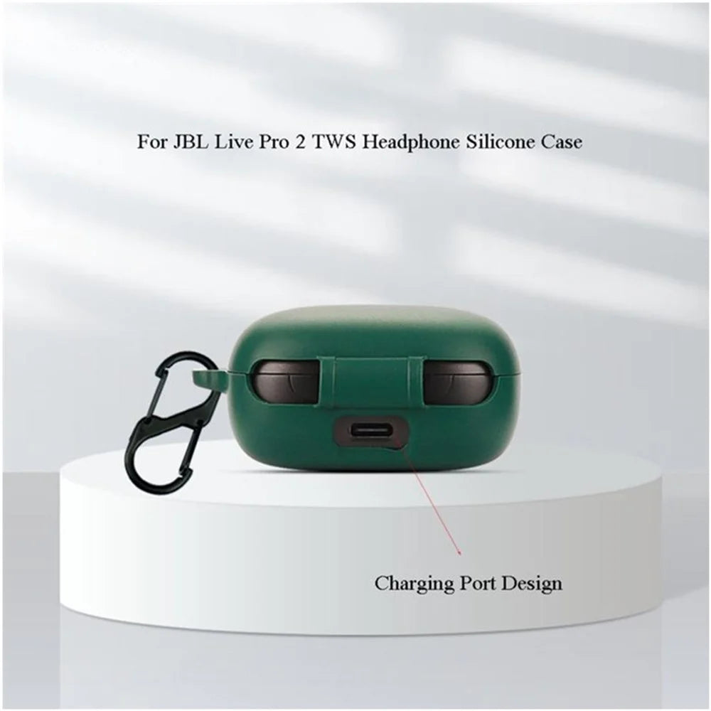 For JBL Live Pro 2 TWS / JBL Live Free 2 TWS Bluetooth-compatible Earbuds Silicone Case Cover Drop-Proof Soft Protector with Anti-Lost Buckle - Blackish Green - 4