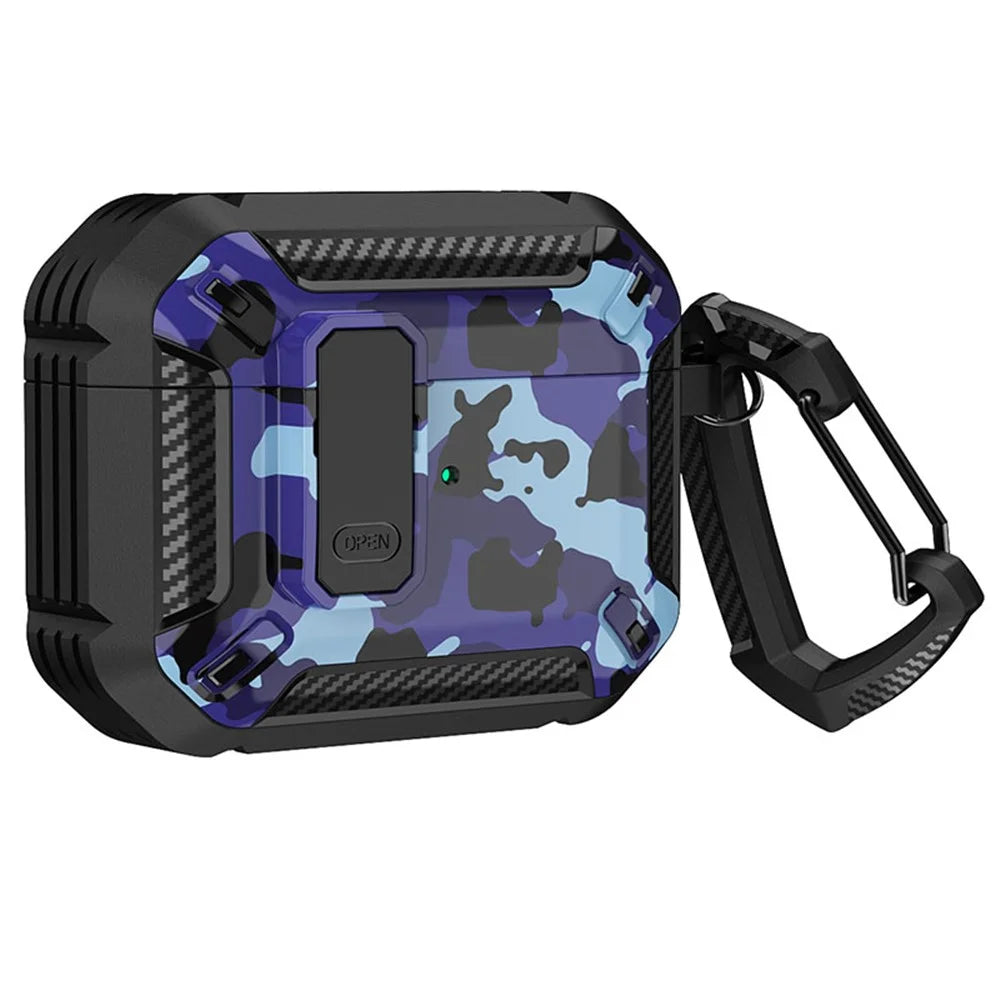 For Apple AirPods Pro Soft TPU+PC Cover Bluetooth-compatible Earbuds Protective Case Pattern Printed Shell with Buckle - Black / Camo Blue - 1