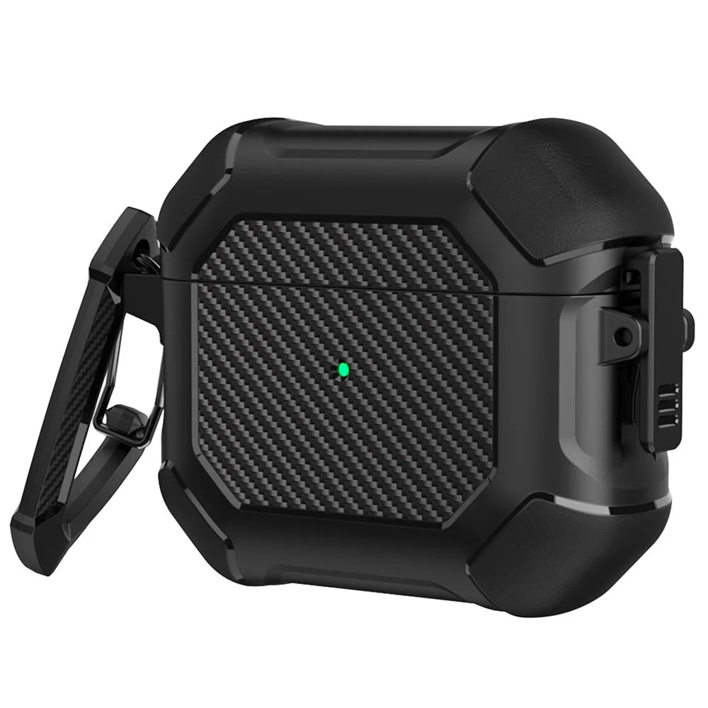 For Apple AirPods 3 Carbon Fiber Pattern Protective Case Portable Bluetooth-compatible Earbuds Soft TPU+PC Cover with Buckle - Black - 1