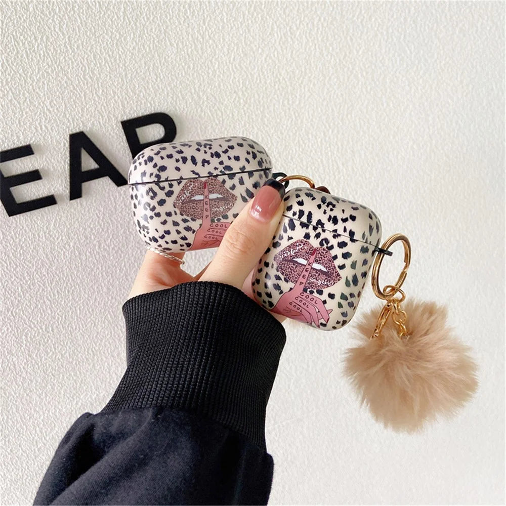 For Apple AirPods Pro Lip Leopard Pattern TPU Cover Anti-Drop Headset Case with Hair-Ball Pendant - 2