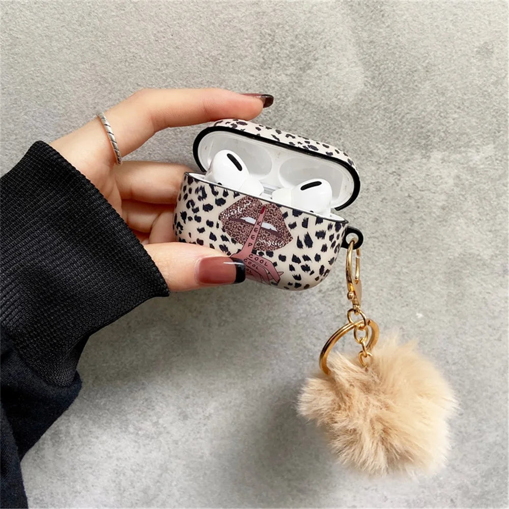 For Apple AirPods Pro Lip Leopard Pattern TPU Cover Anti-Drop Headset Case with Hair-Ball Pendant - 5