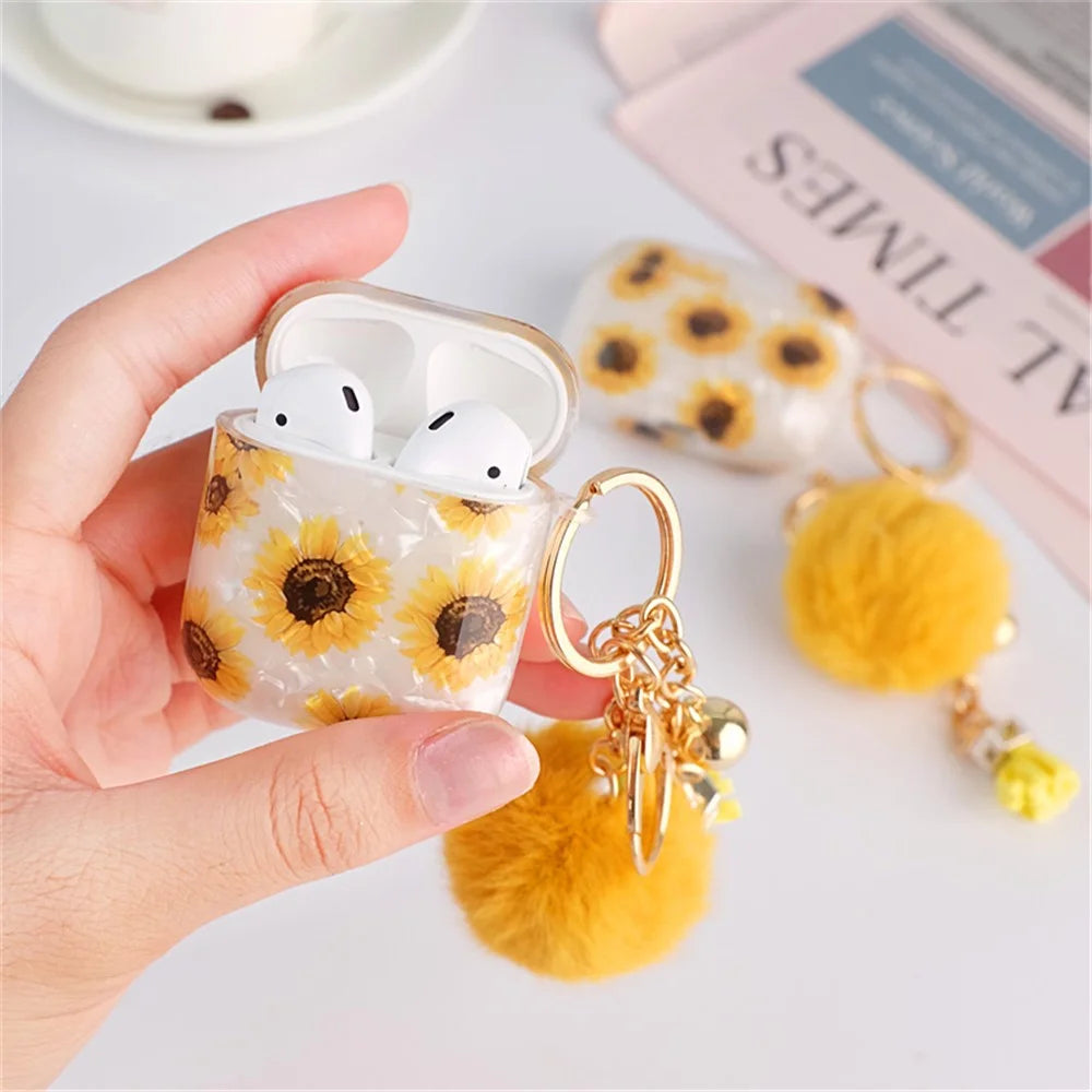 For Apple AirPods with Charging Case (2016)  /  (2019)  /  AirPods with Wireless Charging Case (2019) Shockproof TPU Cover Shell Texture Sunflower Pattern Headset Case with Hair-Ball Pendant - 3