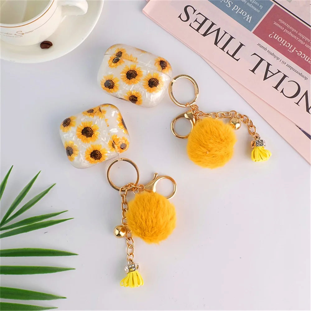 For Apple AirPods with Charging Case (2016)  /  (2019)  /  AirPods with Wireless Charging Case (2019) Shockproof TPU Cover Shell Texture Sunflower Pattern Headset Case with Hair-Ball Pendant - 5