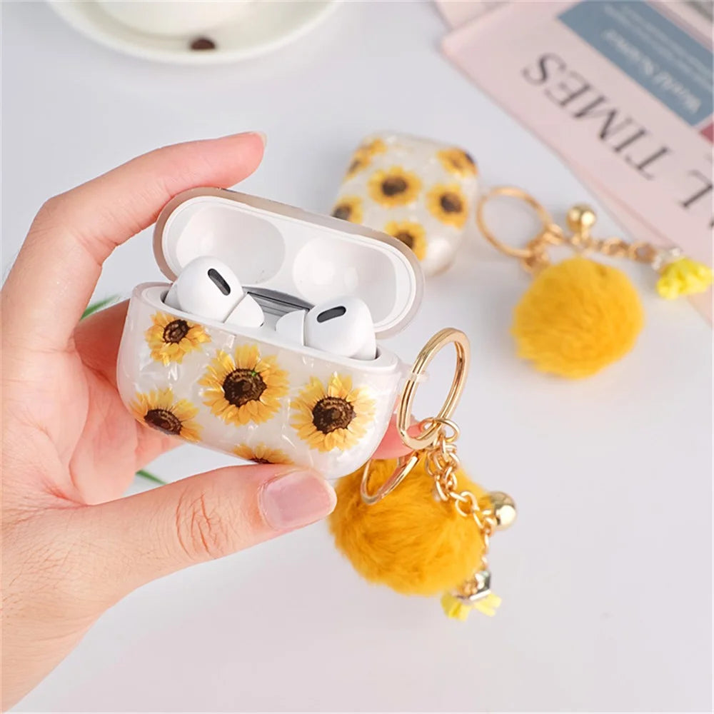 Protective TPU Cover for Apple AirPods Pro, Shell Texture Sunflower Pattern Earbuds Case with Hair-Ball Pendant - 2