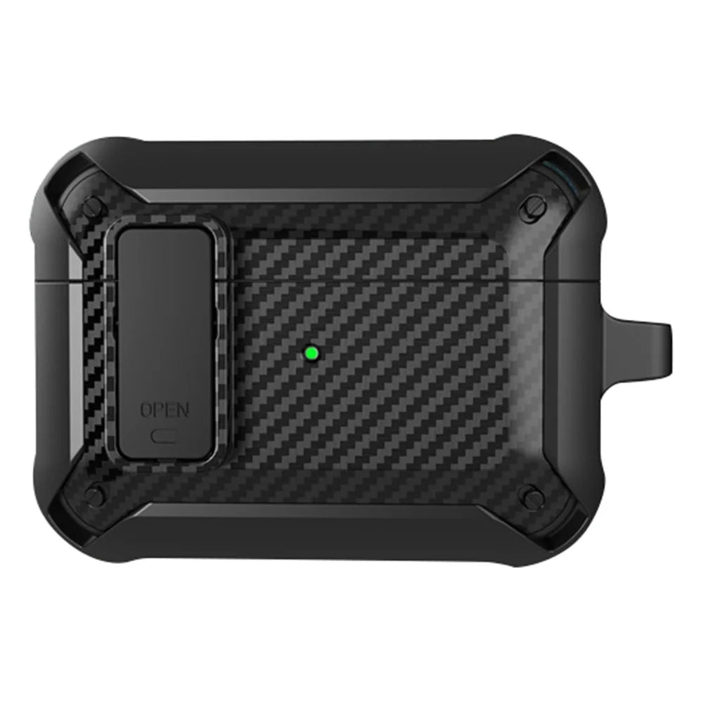 For AirPods Pro 2 Carbon Fiber Texture Shockproof Case TPU+PC Protective Cover with Buckle - Black - 1