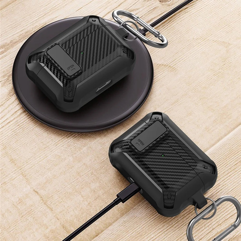 For AirPods Pro 2 Carbon Fiber Texture Shockproof Case TPU+PC Protective Cover with Buckle - Black - 5