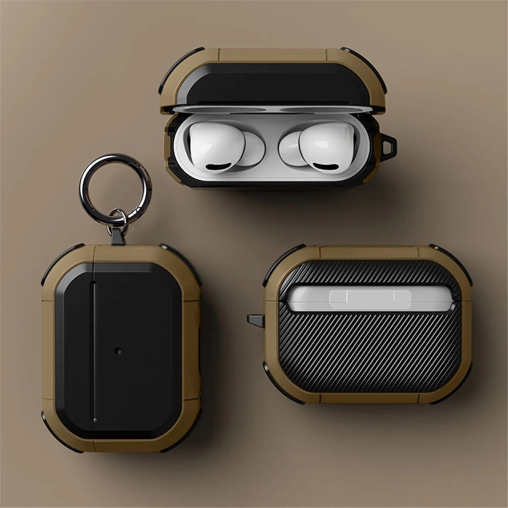 ZJ86 Thunder Armor Protection Case for Apple AirPods Pro 2 Earphone Charging Box, Hard PC+TPU Earbuds Cover with Hanging Ring - Black / Dark Brown - 5