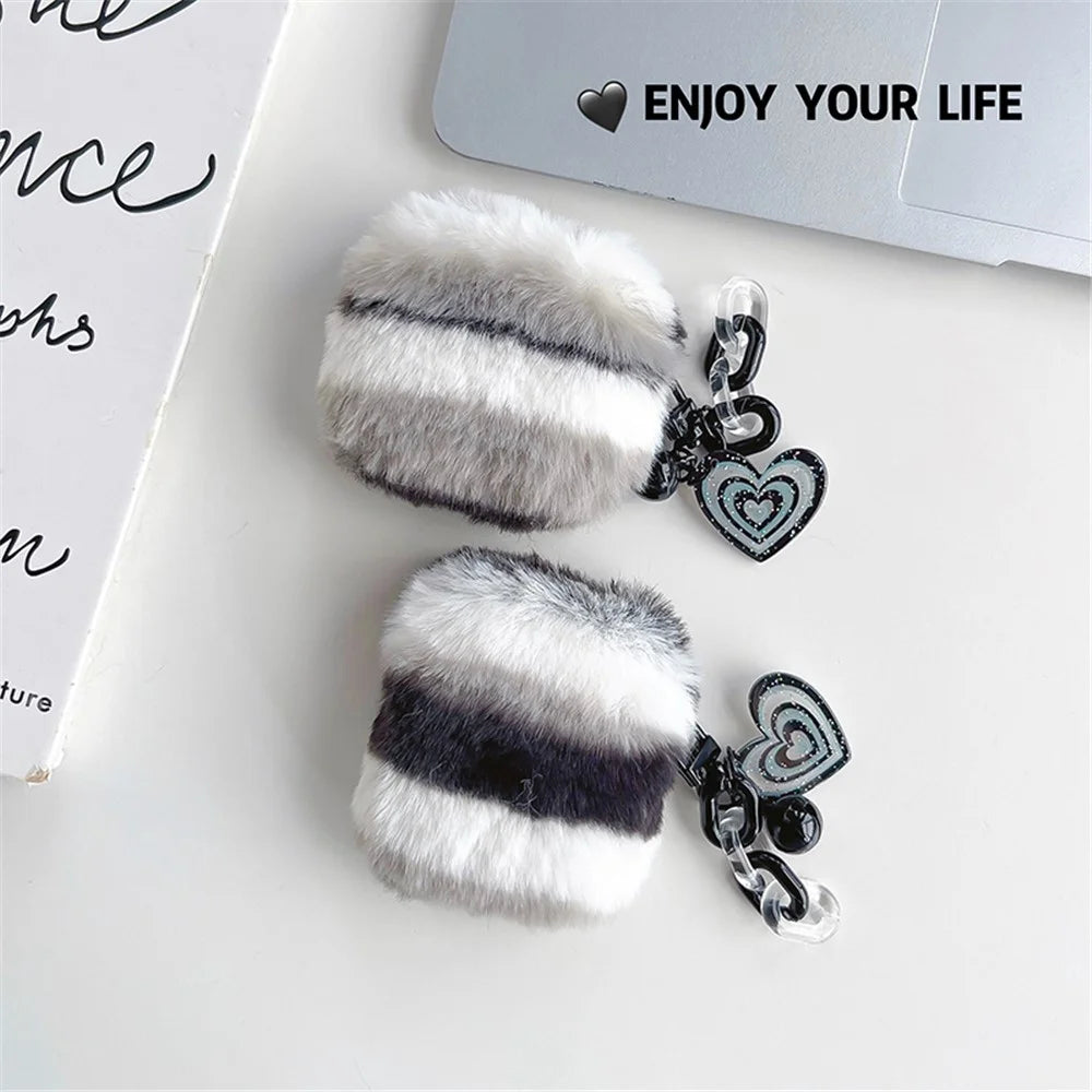 For Apple AirPods 3 Cute Plush Splicing Bluetooth-compatible Earphone Case Winter Protective Cover with Heart Pendant - Black / White - 5