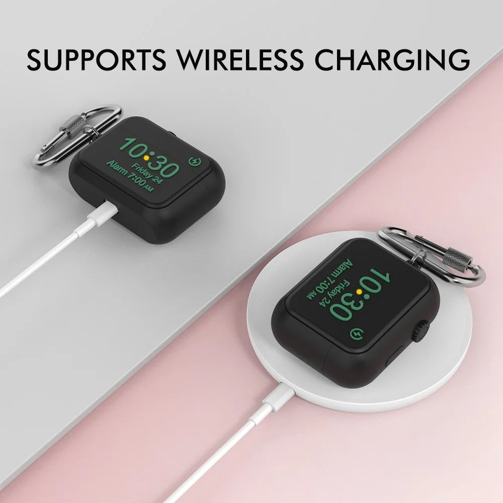 AHASTYLE PT104 For Apple AirPods Pro 2 Silicone Case Digital Clock Display Design Bluetooth-compatible Earphone Anti-drop Cover with Carabiner - Black - 3