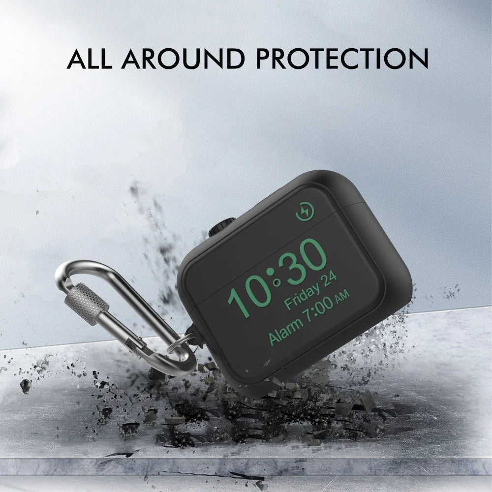 AHASTYLE PT104 For Apple AirPods Pro 2 Silicone Case Digital Clock Display Design Bluetooth-compatible Earphone Anti-drop Cover with Carabiner - Black - 4