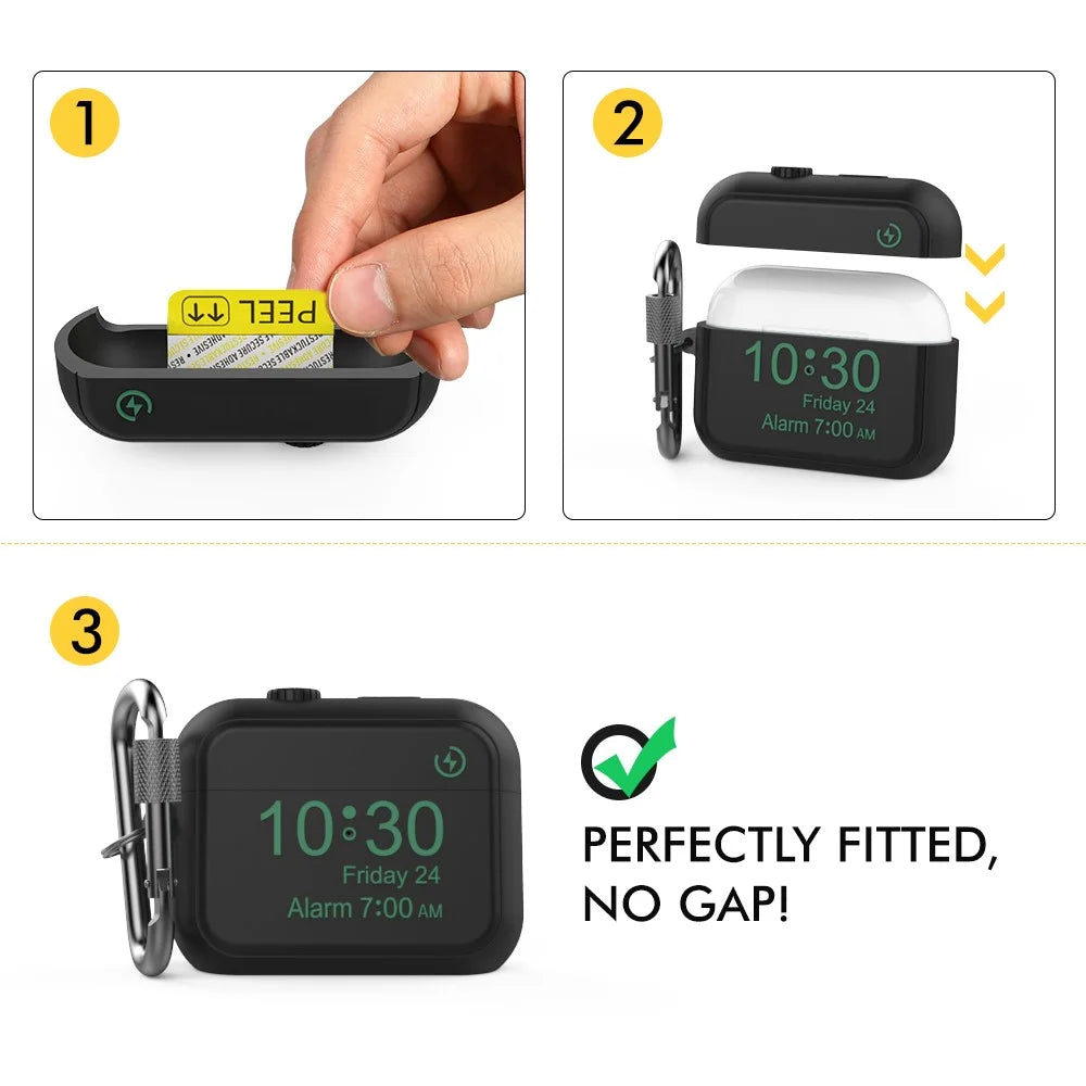 AHASTYLE PT104 For Apple AirPods Pro 2 Silicone Case Digital Clock Display Design Bluetooth-compatible Earphone Anti-drop Cover with Carabiner - Black - 5