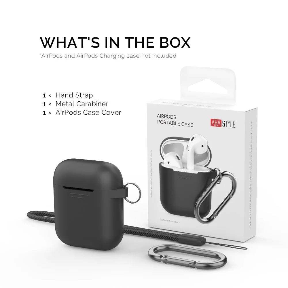 AHASTYLE PT06-3 for Apple AirPods with Charging Case (2016) / (2019) / AirPods with Wireless Charging Case (2019) Earbud Silicone Case Shockproof Earphone Cover with Carabiner - Black - 7
