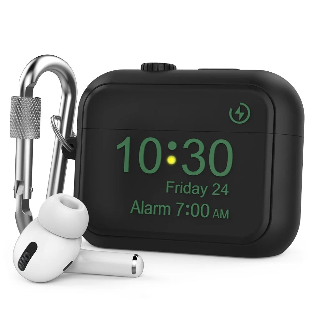 AHASTYLE PT104 for Apple AirPods Pro Earphone Silicone Case Digital Clock Display Design Earbud Charging Box Cover with Carabiner - Black - 1