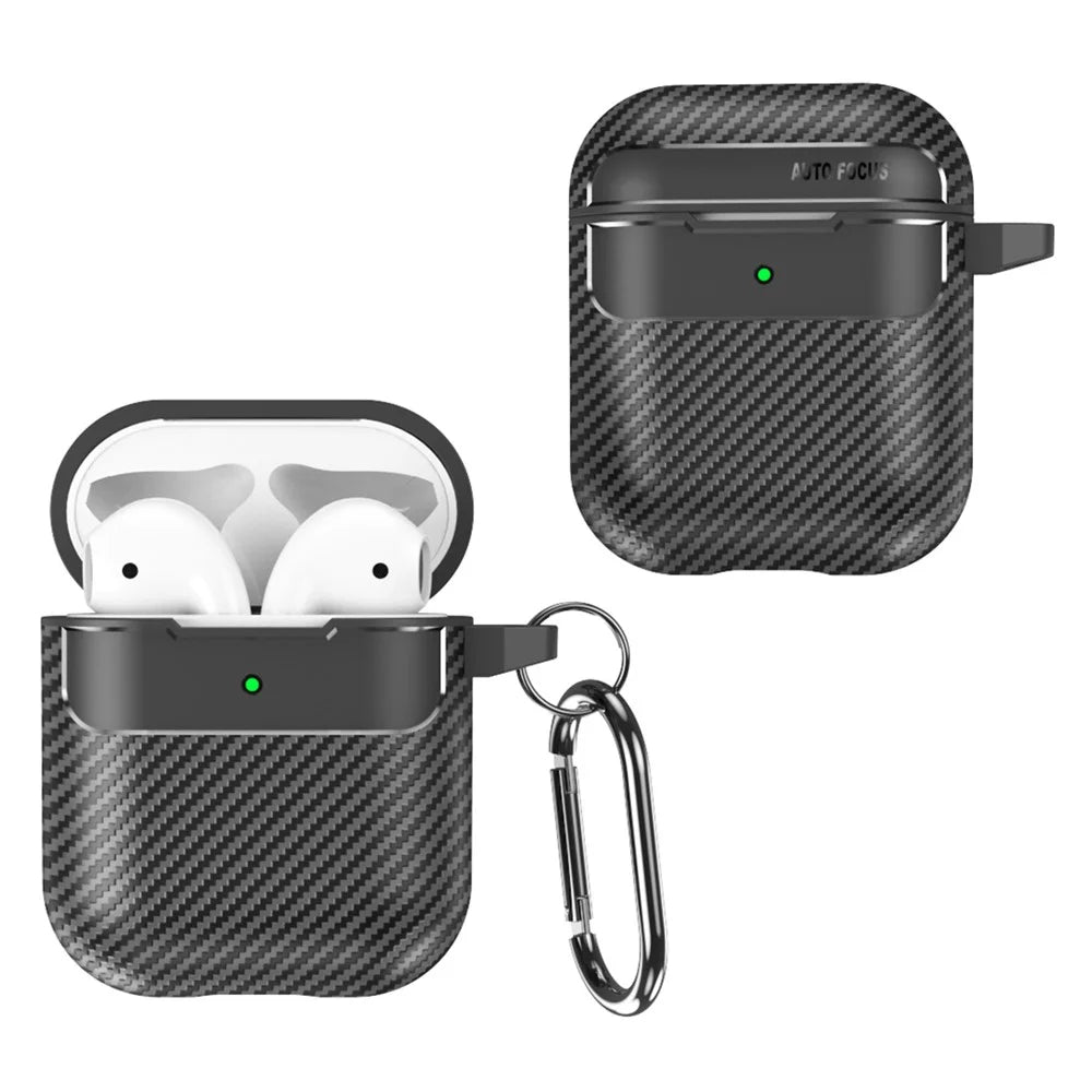 For AirPods with Charging Case (2016)  /  (2019)  /  AirPods with Wireless Charging Case (2019) Carbon Fiber TPU Anti-scratch Case Wireless Earphone Full Protection Cover - Black - 2