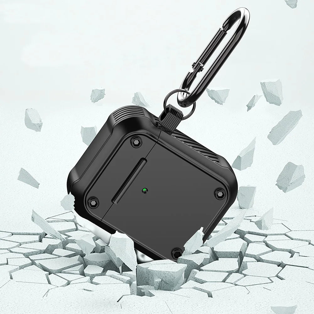 For Apple AirPods with Charging Case (2016) / (2019) / AirPods with Wireless Charging Case (2019) Dual-color PC+TPU Earphone Case Anti-drop Cover with Carabiner - Black - 4