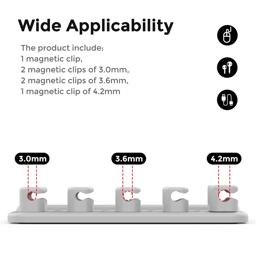 AHASTYLE WG104 Magnetic Cable Holder 5 Clips Desktop Cable Ties Data Cable USB Cord Organizer - Grey - 3