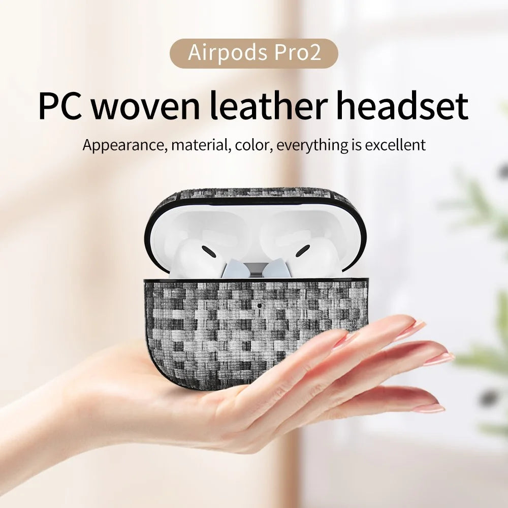 For AirPods Pro (Gen 2) (USB-C) / Pro 2 Woven Texture PU Leather + PC Drop-proof Case Bluetooth-compatible Earphone Protective Cover - Burlap Gray - 2