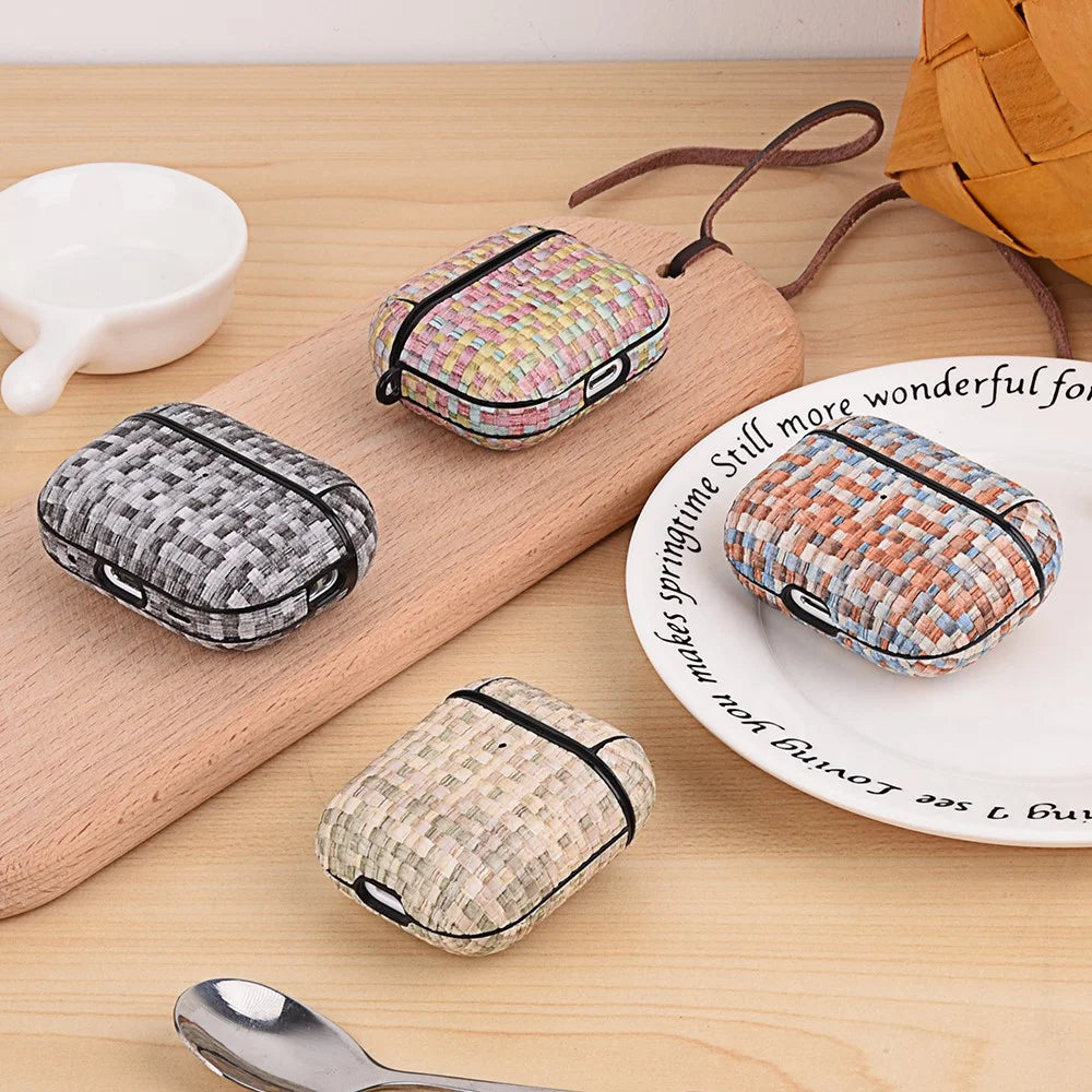 For Apple AirPods with Charging Case (2016) / (2019) / AirPods with Wireless Charging Case (2019) Woven Texture PU Leather PC Case - Rainbow Candy - 6