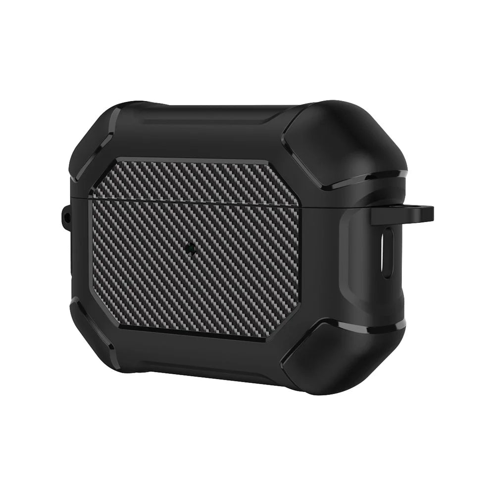 For AirPods Pro 2 TPU+PC Earphone Case Carbon Fiber Texture Reinforced Protective Cover with Carabiner - Black - 2