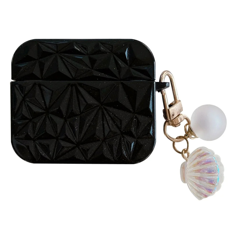 For Apple AirPods 3 Earphone Case Diamond Texture Earbud Protective TPU Cover with Shell Pendant - Black - 1