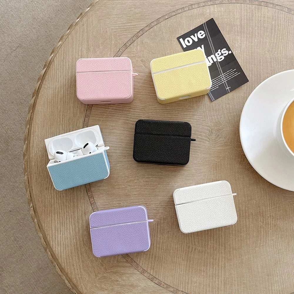 For Apple AirPods Pro Litchi Texture Protective Case PU Leather TPU Earbuds Charging Case Cover - White - 2