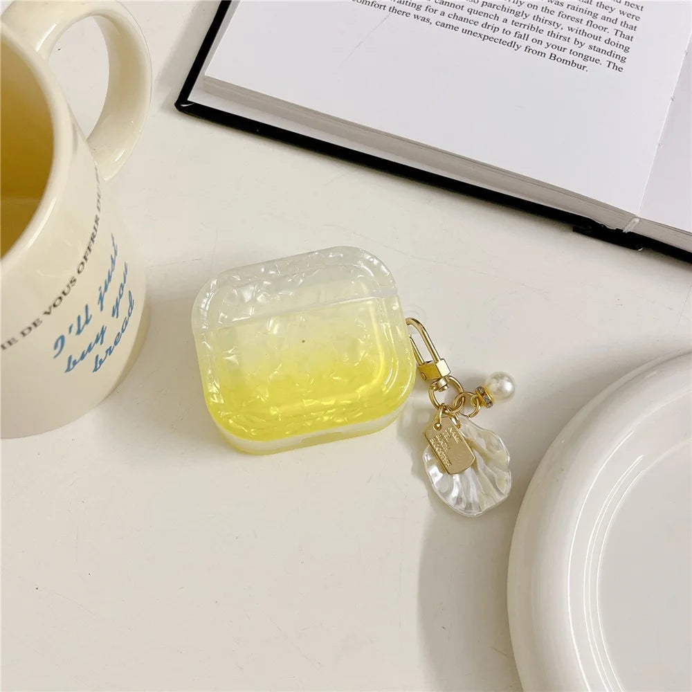 Gradient Shell Grain Earphone Cover for Apple AirPods Pro , Soft TPU Square Protective Case with Shell Shape Pendant - Yellow - 2
