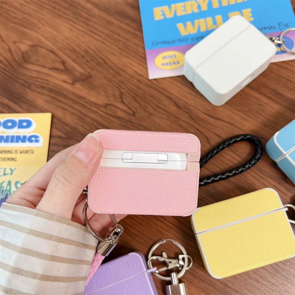 Shockproof Cover for Apple AirPods 3 Litchi Texture PU+TPU Bluetooth-compatible Headset Case with Strap - Pink - 3