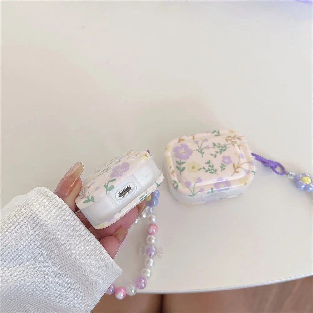 For Apple AirPods Pro Bluetooth-compatible Earphone Case IMD Purple Flower Earbud TPU Cover with Wrist Chain - 4