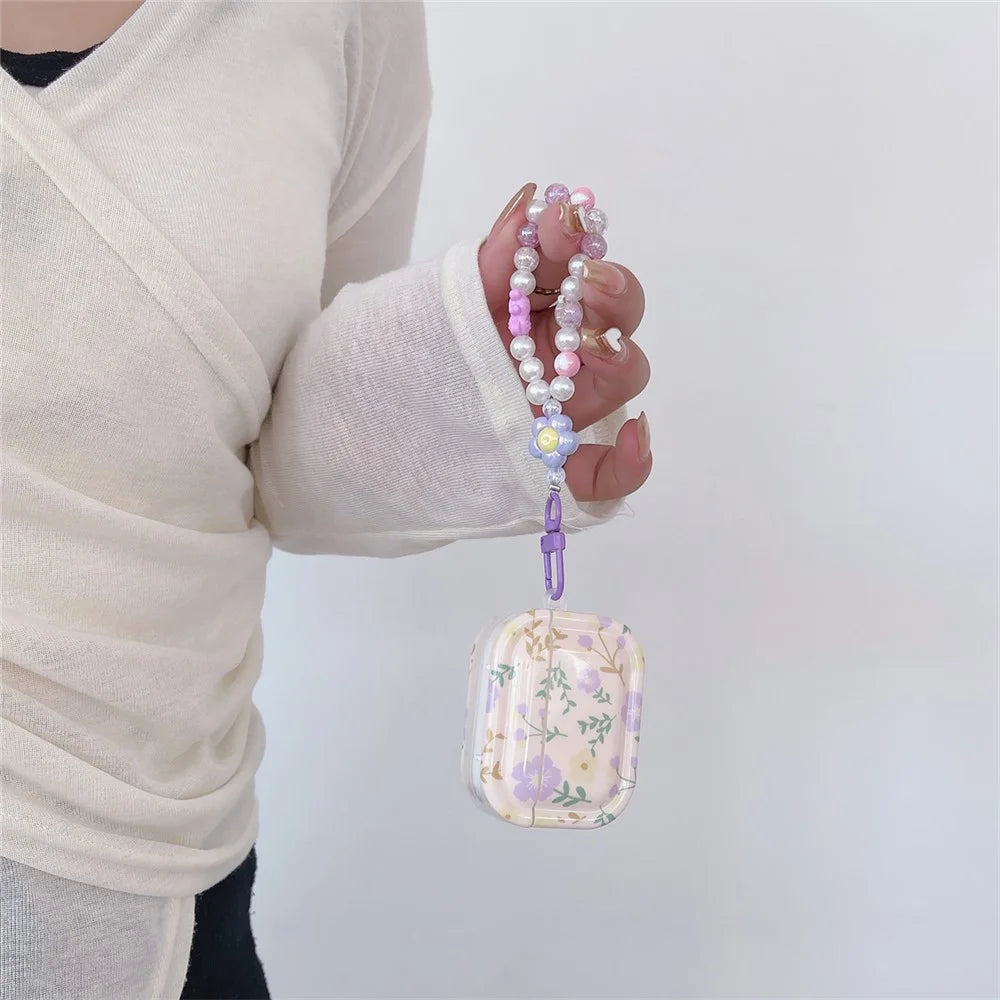 For Apple AirPods Pro Bluetooth-compatible Earphone Case IMD Purple Flower Earbud TPU Cover with Wrist Chain - 5