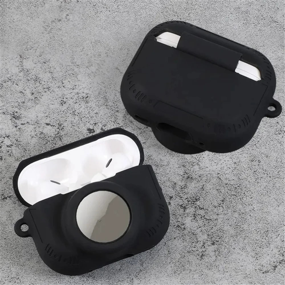 For AirPods Pro 2 + AirTag 2-in-1 Silicone Protective Cover Anti-drop Case with Ring Buckle - Black - 3