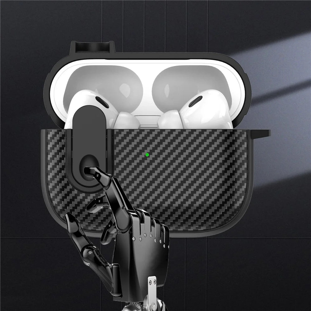 For AirPods Pro 2 Colorful Buckle Earphone Case Carbon Fiber TPU+PC Protective Cover with Keychain - Black+Black - 2