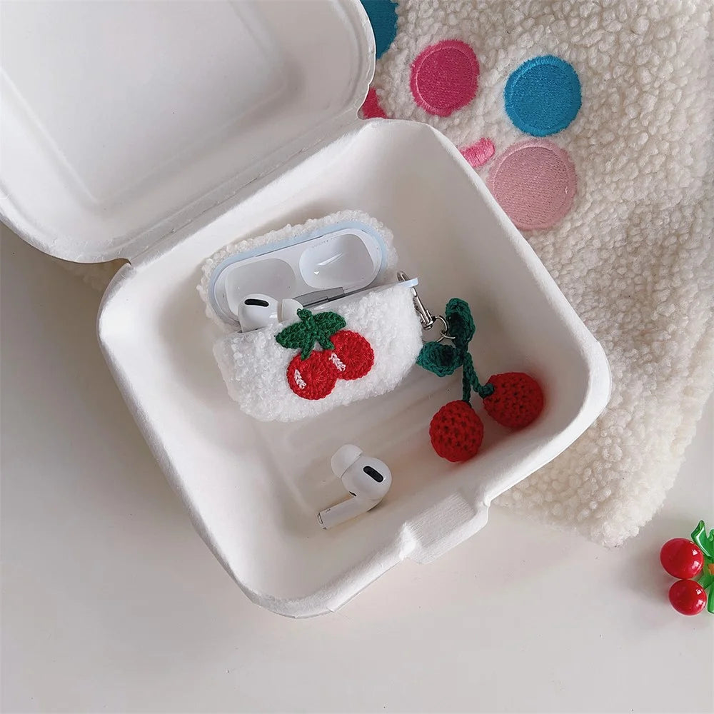 For Apple AirPods Pro 2 Cherry Earphone Case Bluetooth-compatible Earbud Plush Fluff Cover with Pendant - 3