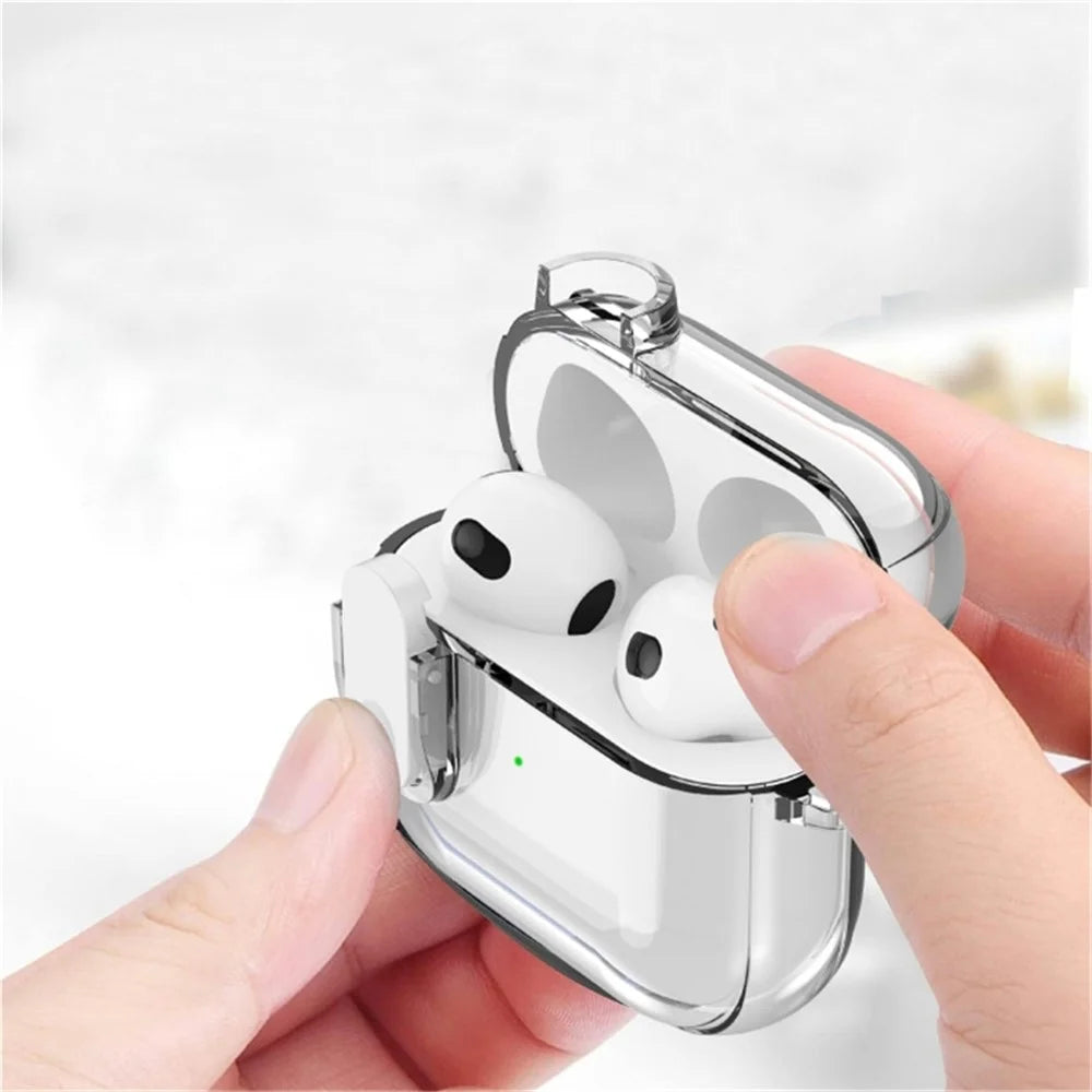 For Apple AirPods Pro TPU Case Buckle Design Bluetooth-compatible Earphone Clear Cover with Carabiner - Transparent Blue - 2