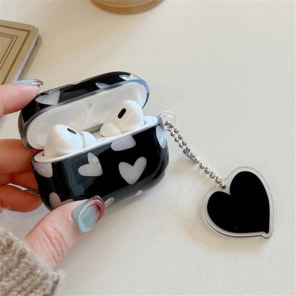 For Apple AirPods Pro Heart Pattern Shell Texture TPU Cover Anti-drop Earphone Case with Pendant - Black - 2