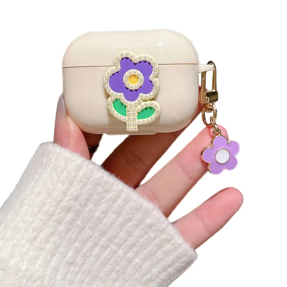 For Apple AirPods Pro Case Pearl Flower TPU Cover Earphone Organizer Carrying Case with Pendant - Purple Green Flower - 1
