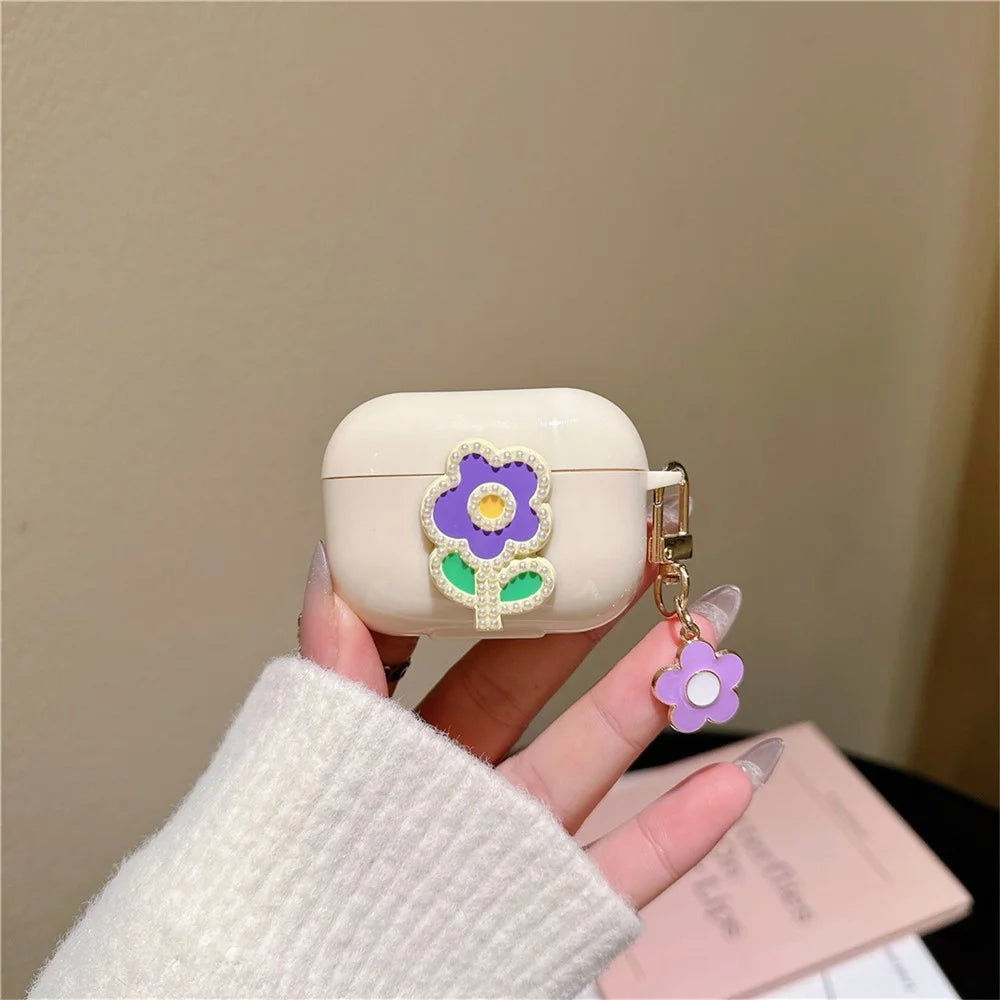For Apple AirPods Pro Case Pearl Flower TPU Cover Earphone Organizer Carrying Case with Pendant - Purple Green Flower - 2