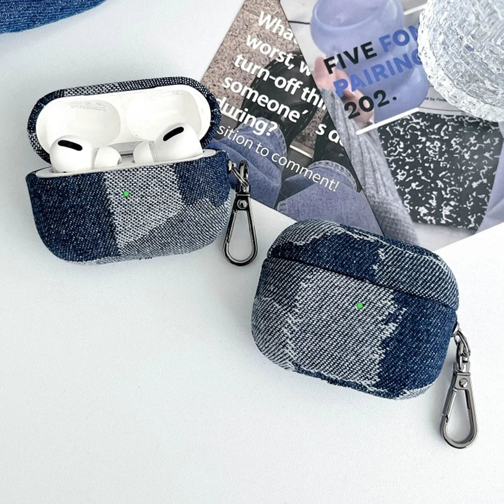 For Apple AirPods 3 Case Bluetooth-compatible Earphone Cover with Metal Hook Splicing Denim Design - Style A - 4