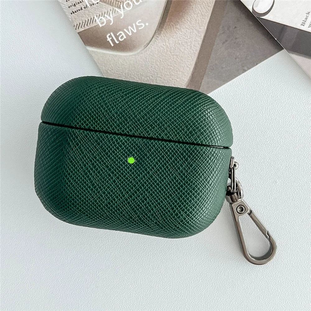 For Apple AirPods 3 Cross Texture Bluetooth-compatible Earphone Cover PU Leather Protective Case - Green - 1