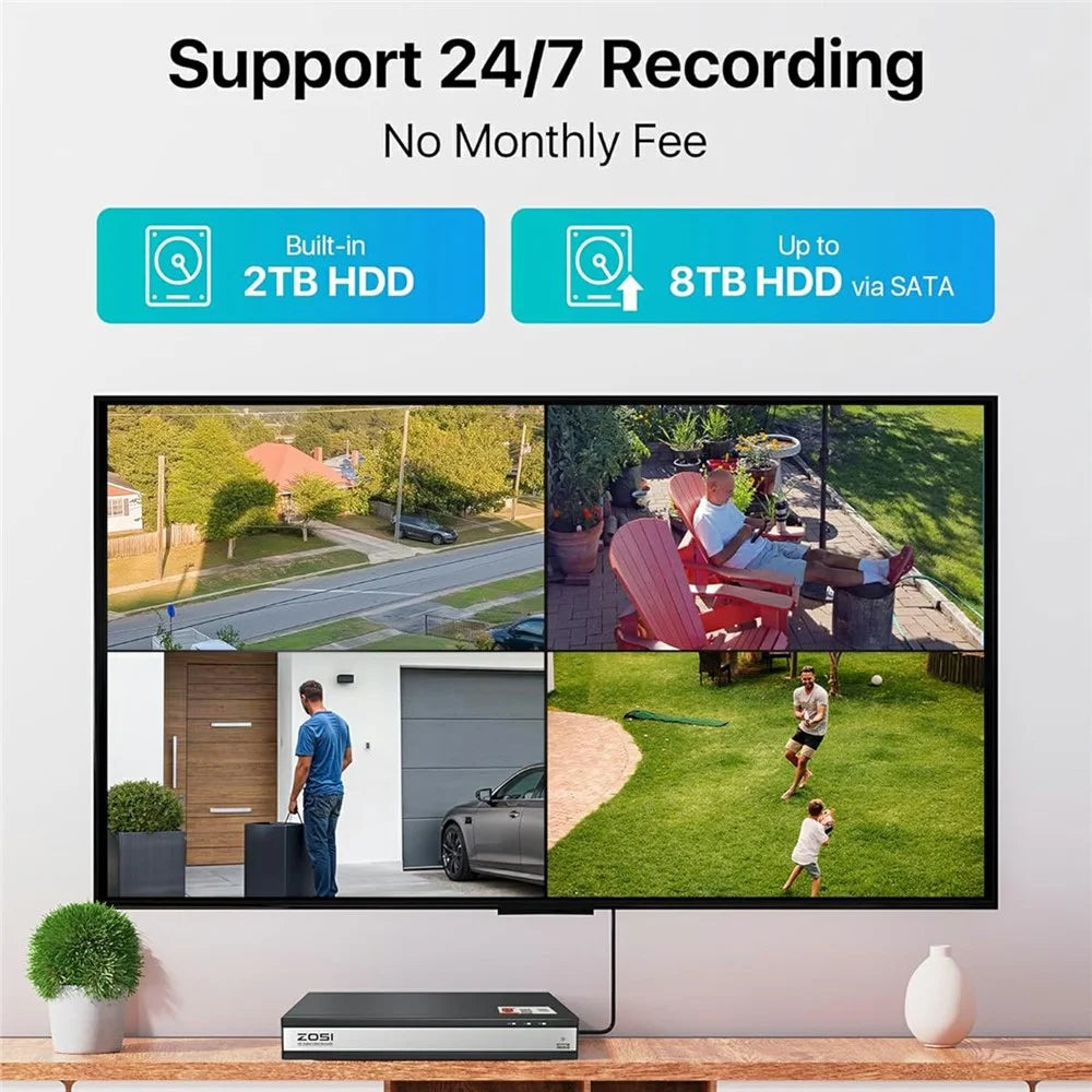 ZOSI 8Pcs AI Human Vehicle Detection Night Vision Remote Access 1080P Outdoor Cameras + 16CH DVR with 2TB HDD - US Plug - 5