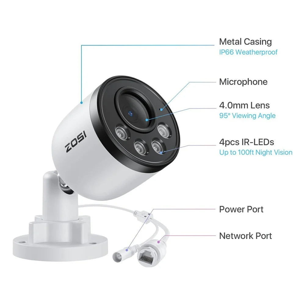 ZOSI ZG1804E 4Pcs 4MP PoE Security Cameras Compatible with Zosi PoE NVR 2.5K Super HD 100ft Night Vision IP66 Waterproof IP Cameras for Outdoor - White - 7