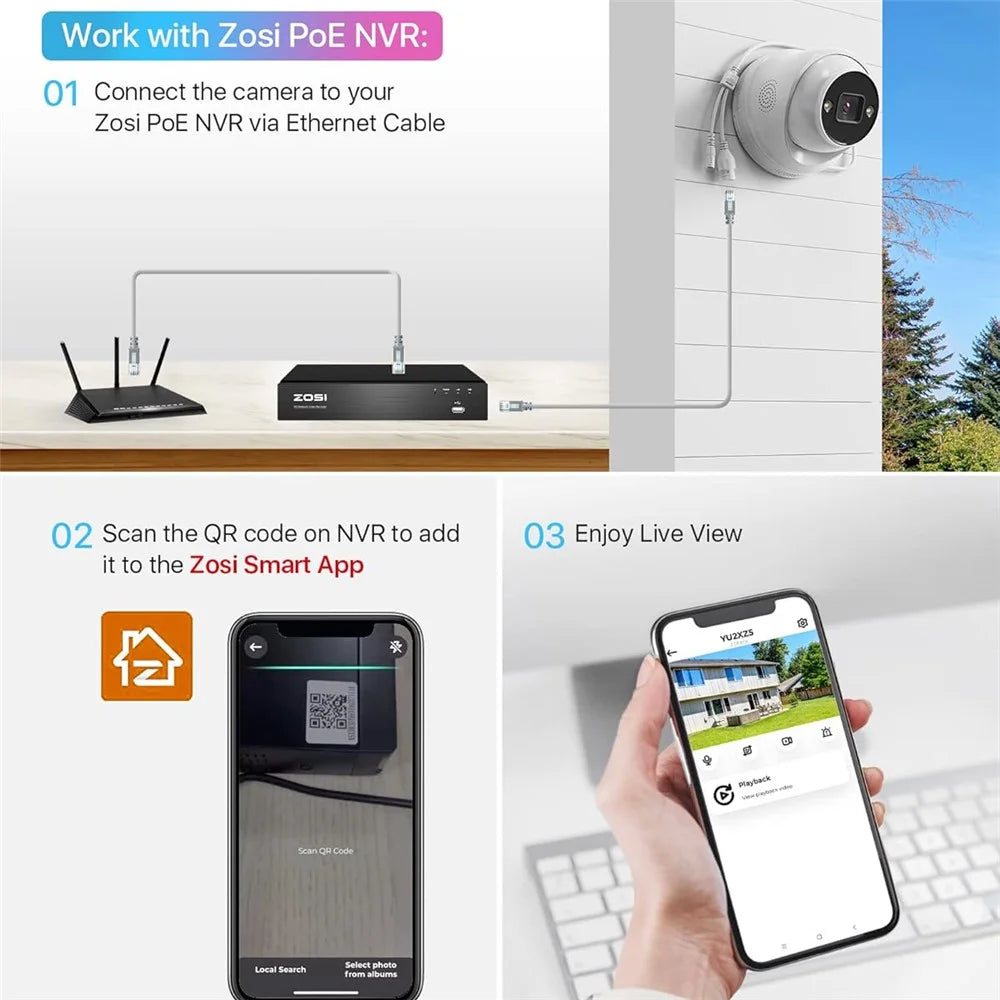 ZOSI 1Pc 4K PoE Add on Security Camera with Person Vehicle Detection Sound Light Alarm 2 Way Audio 8MP Dome IP Cam - White - 2