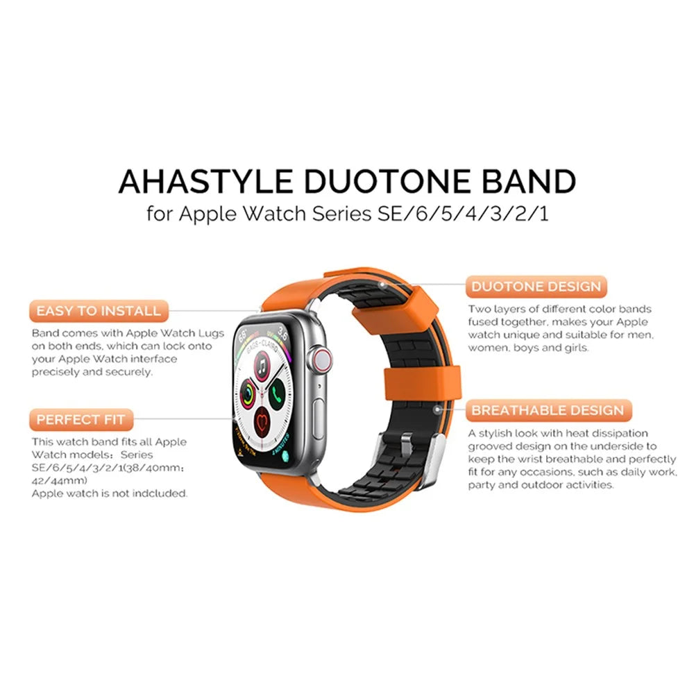 AHASTYLE WA11 Silicone Watch Band for Apple Watch Series 11 10 42mm / 9 8 7 41mm / SE3 SE2 SE 6 5 4 40mm / 3 2 1 38mm Contrast Colors Straps - Black+Orange - 6