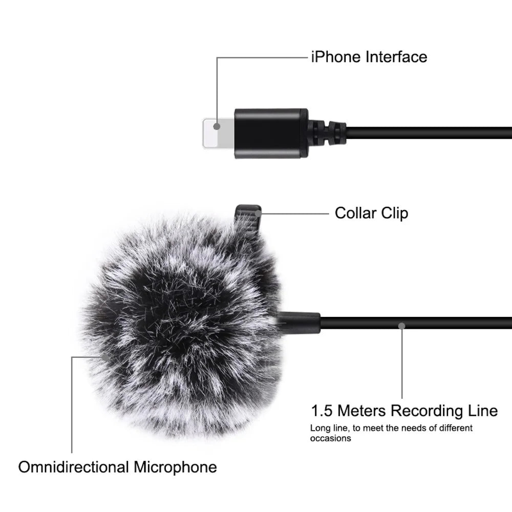 PULUZ PU426 1.5m 8 Pin Lavalier Microphone Lapel Clip-On Omni Condenser Mic for Phone Video Recording - 3