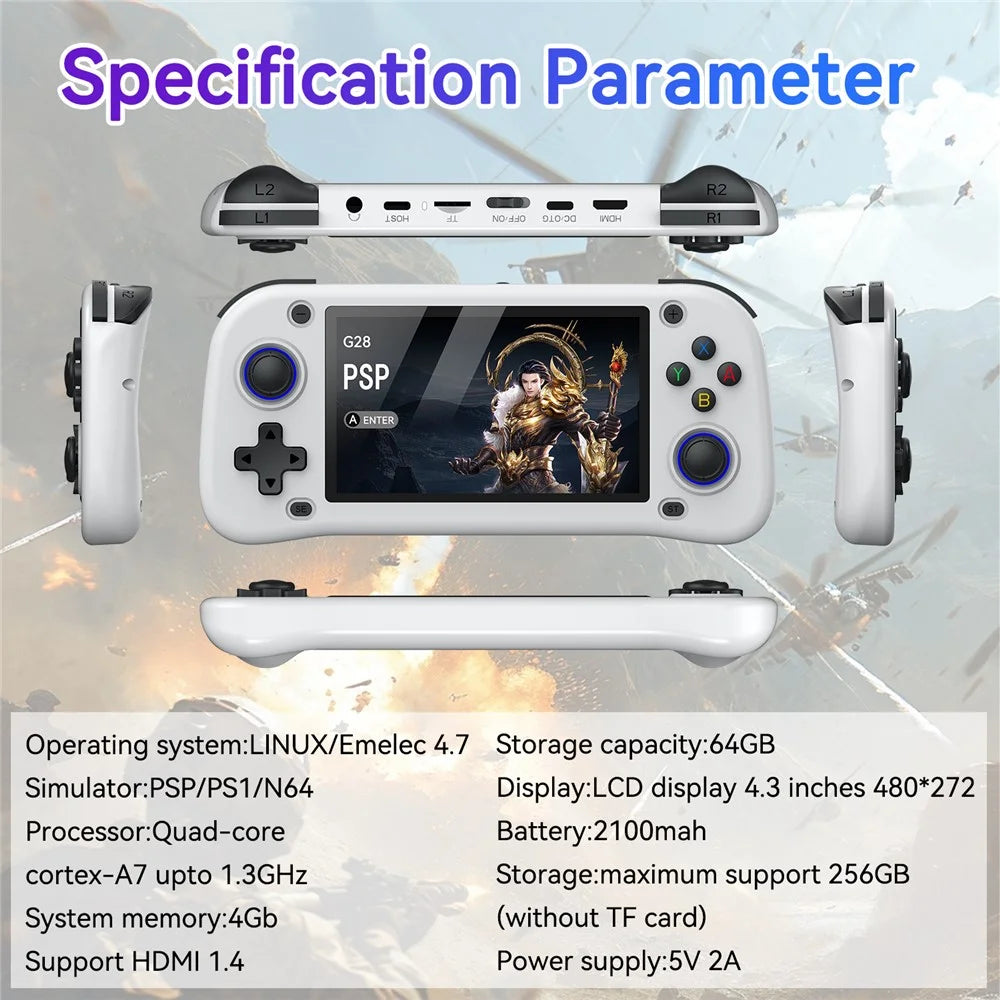 G28 64G Handheld Game Console 4.3 Inch HD IPS Screen Retro Arcade Game Device - White - 3