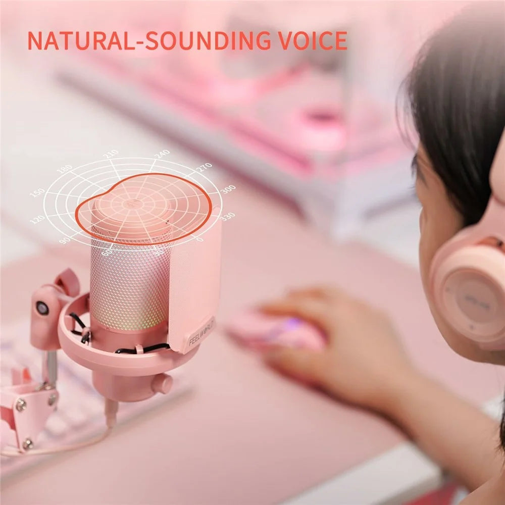FEELWORLD VM1-AS-P USB Gaming Microphone Noise Cancellation RGB Light Condenser Mic with Boom Arm Stand - Pink - 2